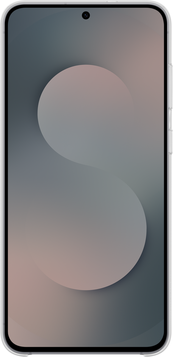 Smartphone con schermo che mostra un gradiente di forme grigie e rosa. Il telefono è in una custodia trasparente.