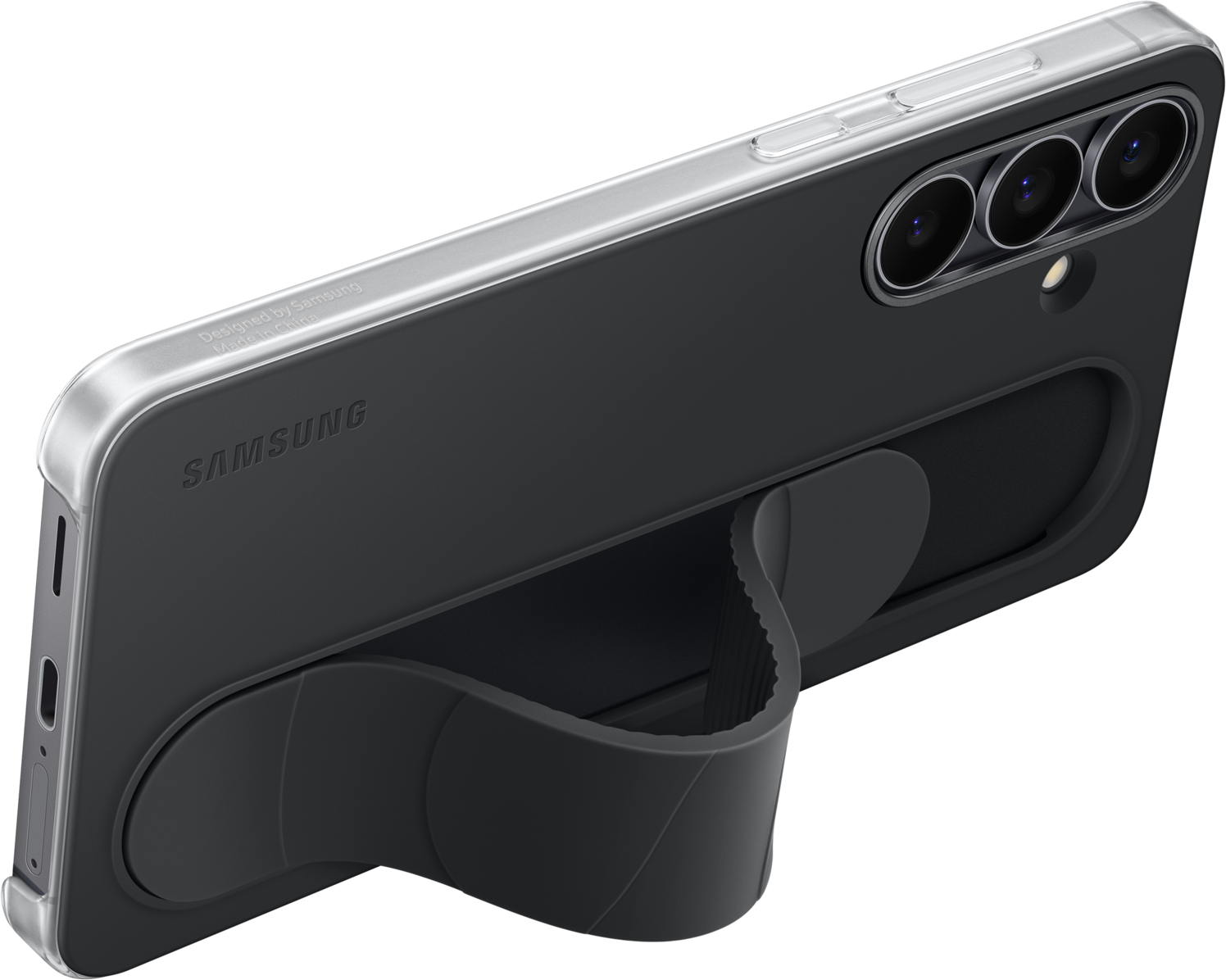 Una custodia per telefono Samsung grigio scuro con impugnatura integrata. La custodia ha una cornice argentata e un array di fotocamere. Il logo Samsung è visibile.