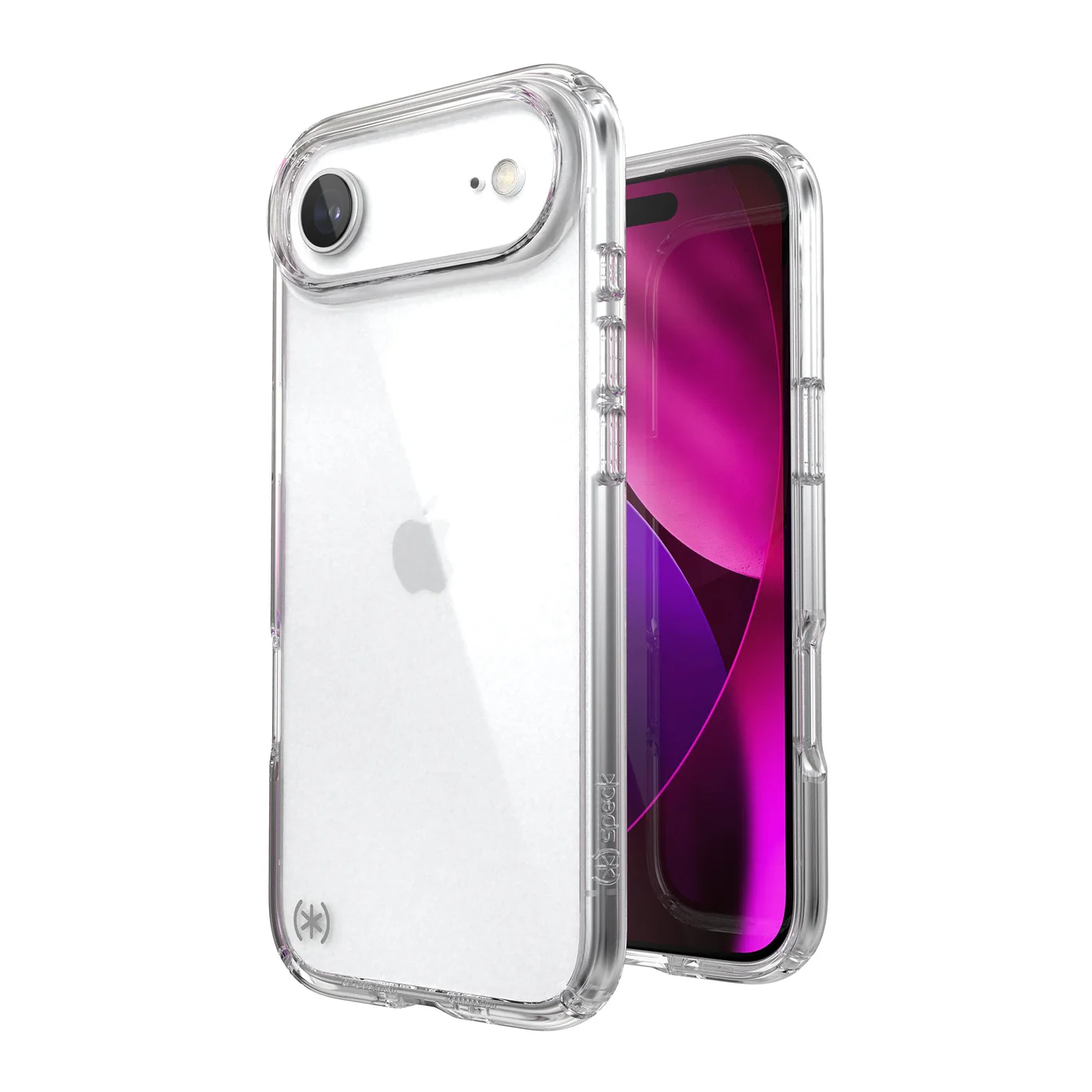 Egy átlátszó telefontok egy rózsaszín képernyős telefon mellett. A tokon van egy kivágás a kamerának és az Apple logó. A háttér fehér.