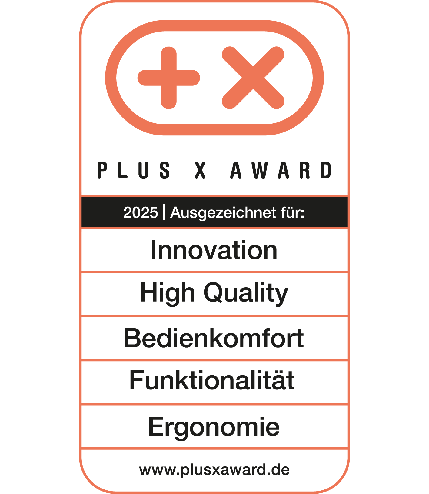 Le logo Plus X Award, orange et noir. Il met en évidence l'innovation, la qualité et la fonctionnalité.