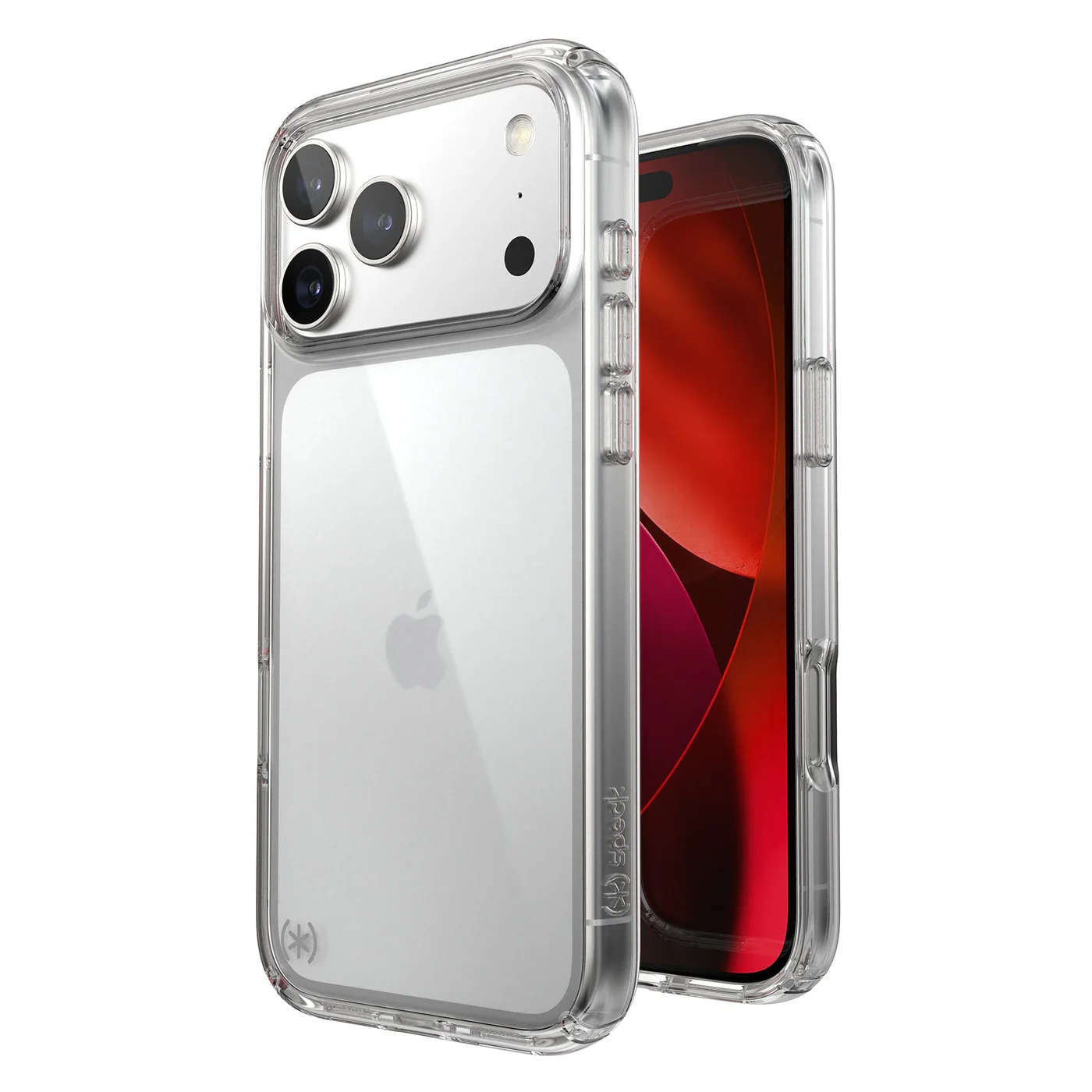 Átlátszó telefontok egy iPhone-nal. A tok átlátszó. Az iPhone képernyője piros.