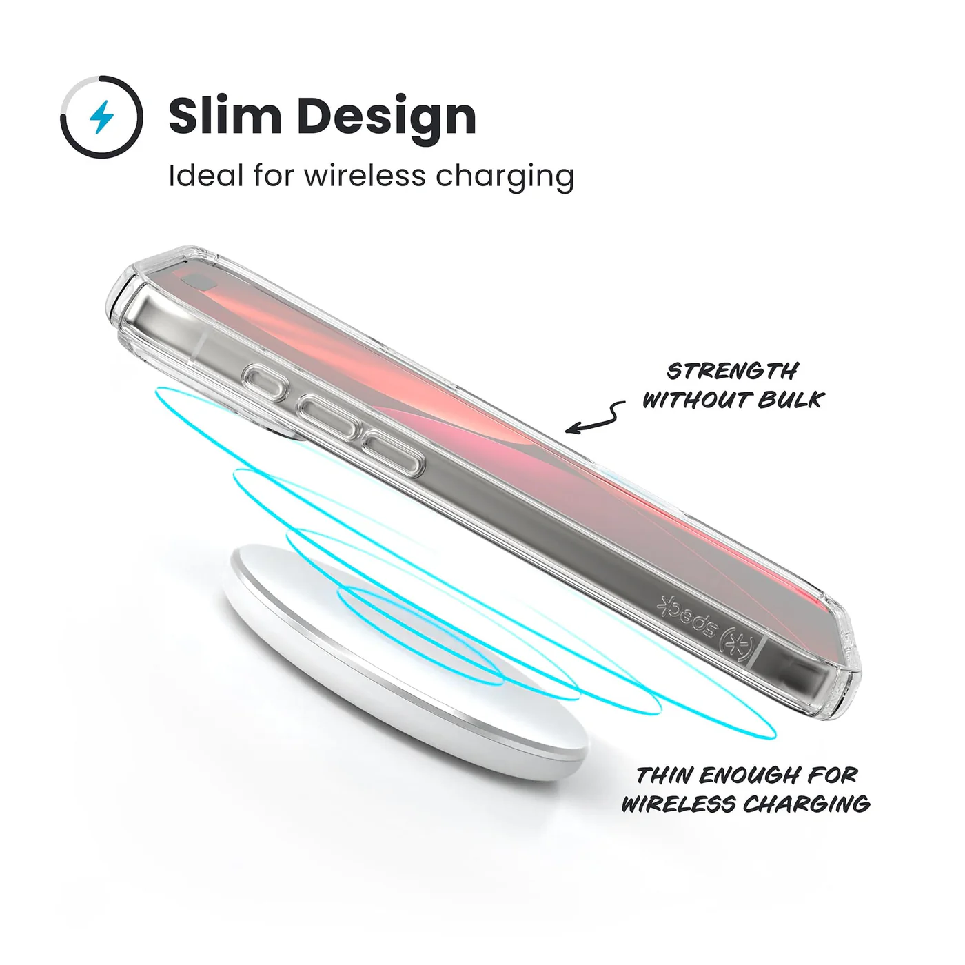 Egy átlátszó tokos telefon egy fehér vezeték nélküli töltő felett. Kék vonalak jelzik a töltést. A szöveg a 'Vékony Design' és a 'vezeték nélküli töltés' feliratot tartalmazza.