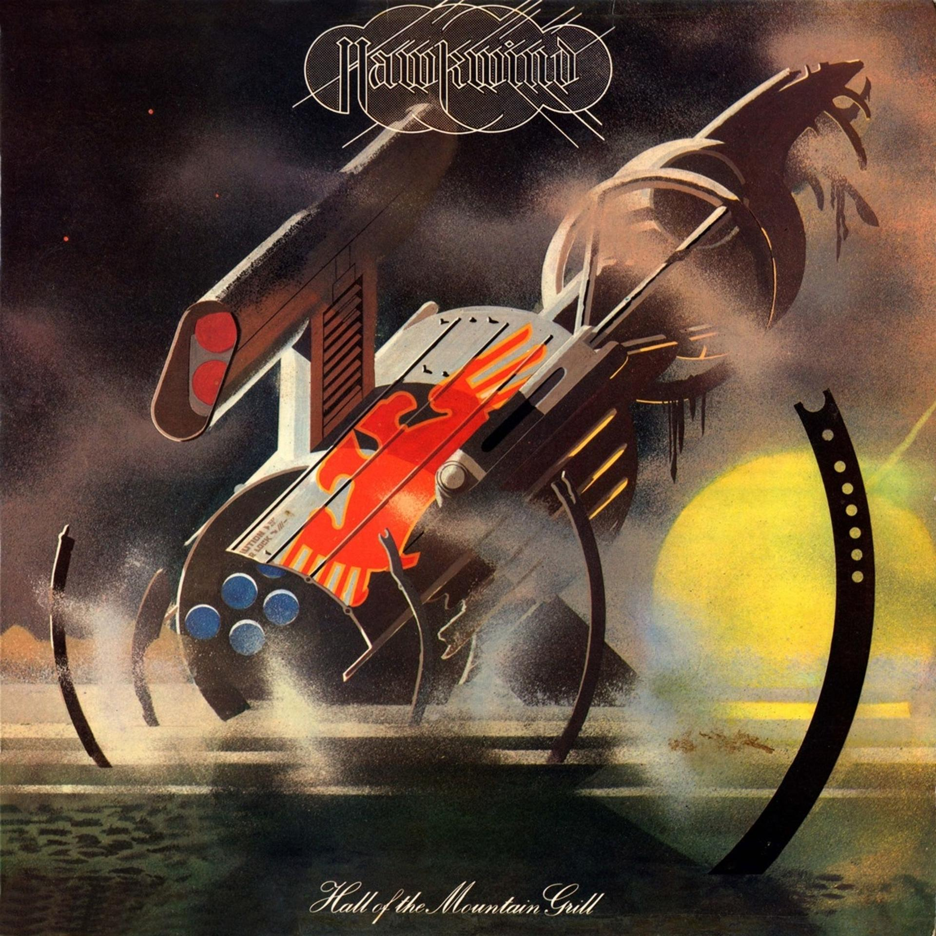 Albumcover. Futuristisches Raumschiff über Wasser mit gelbem sonnenähnlichem Objekt im Hintergrund. Bandname oben.
