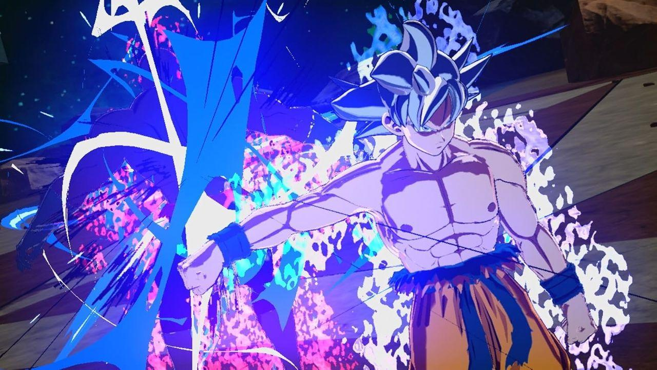 Ein muskulöser Anime-Charakter in orangefarbener und blauer Kleidung, mit blauer Energie um sich herum. Er nimmt eine Pose mit konzentriertem Ausdruck ein.