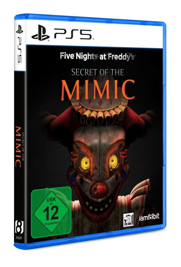 Spiel-Cover für 'Five Nights at Freddy's: Secret of the Mimic' für PS5. Zeigt einen clownartigen Charakter mit leuchtenden Augen und den Spieletitel.