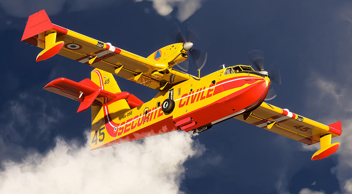 Ein gelbes und rotes Wasserbomber-Flugzeug fliegt am Himmel, mit dem Schriftzug 'SECURITE CIVILE' an der Seite.