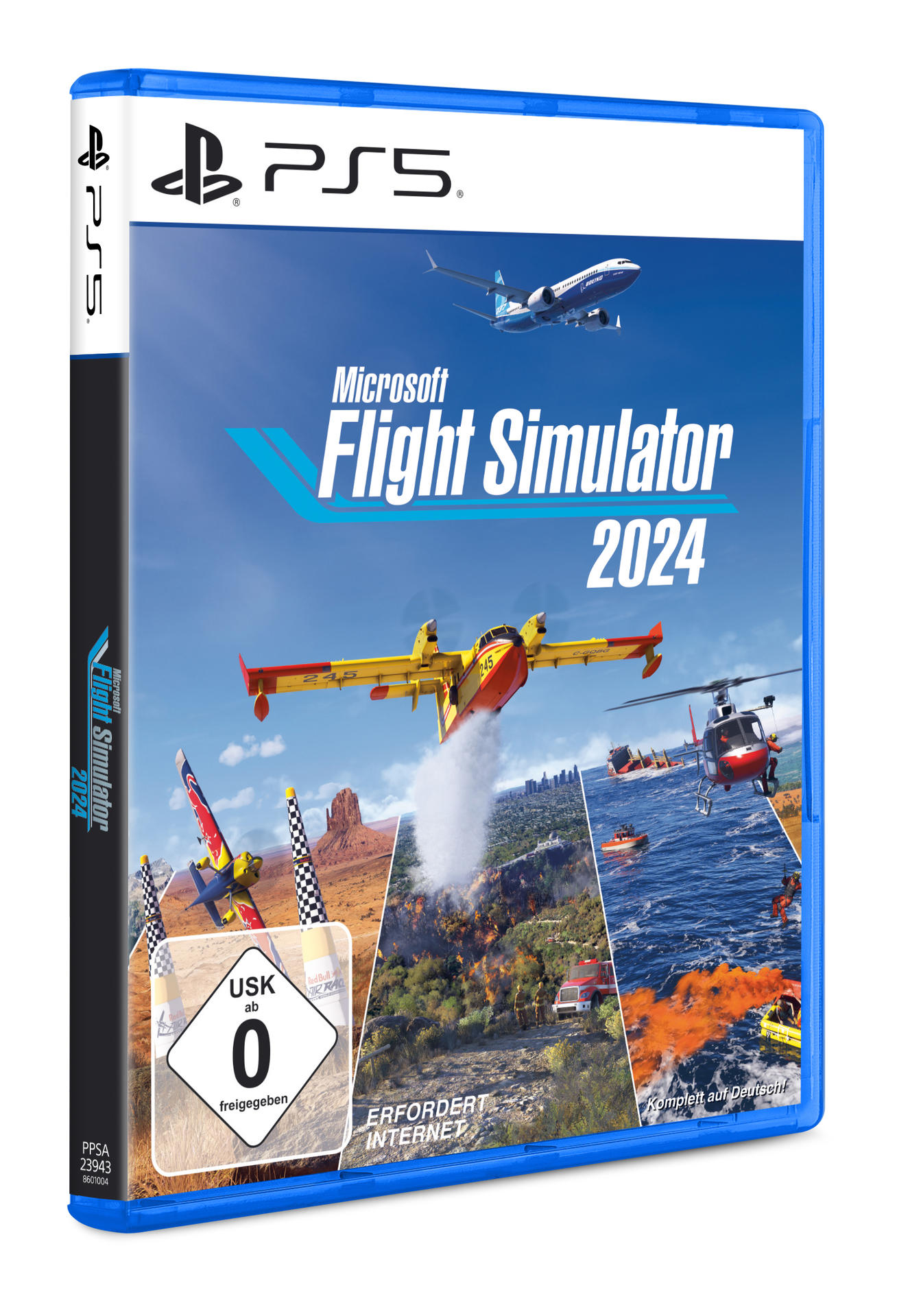 PS5-Spielhülle für Microsoft Flight Simulator 2024. Zeigt Flugzeuge, einen Hubschrauber und ein Feuerwehrflugzeug vor blauem Himmel.