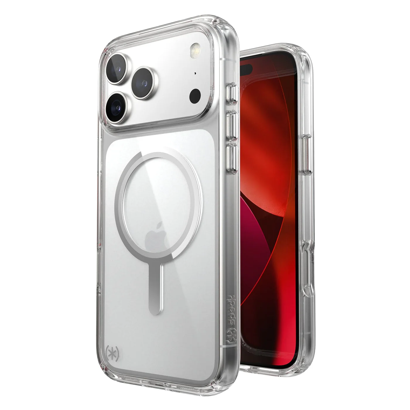 Átlátszó iPhone tok telefonnal. A tok MagSafe gyűrűvel rendelkezik. A telefon képernyője piros.