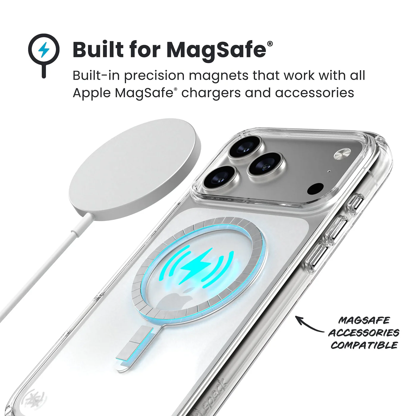 Átlátszó telefontok MagSafe töltővel. Egy fehér töltő van a telefonhoz csatlakoztatva. Szöveg: MagSafe-hez tervezett, MagSafe-tartozékokkal kompatibilis.