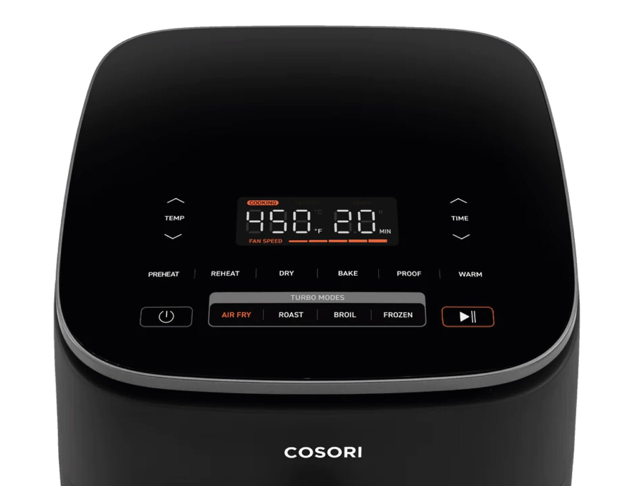 Czarny panel sterowania frytkownicy. Wyświetlacz pokazuje temperaturę i czas. Przyciski trybów turbo: Air Fry, Roast, Broil, Frozen.