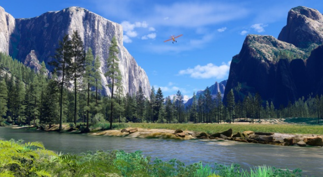 Landschaft mit Fluss, Bergen, Bäumen und einem Flugzeug am Himmel. Sonniger Tag mit blauem Himmel und Wolken.