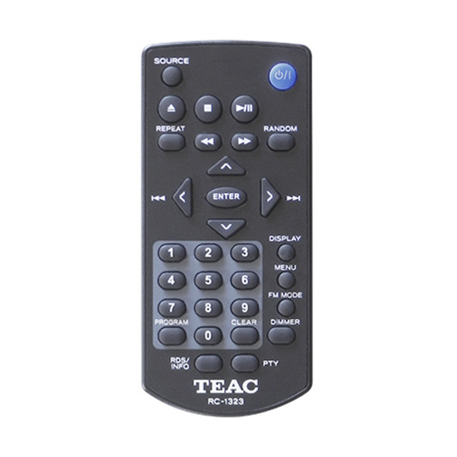 Telecomando nero TEAC RC-1323 con molti pulsanti per varie funzioni, inclusi numeri, volume e accensione.
