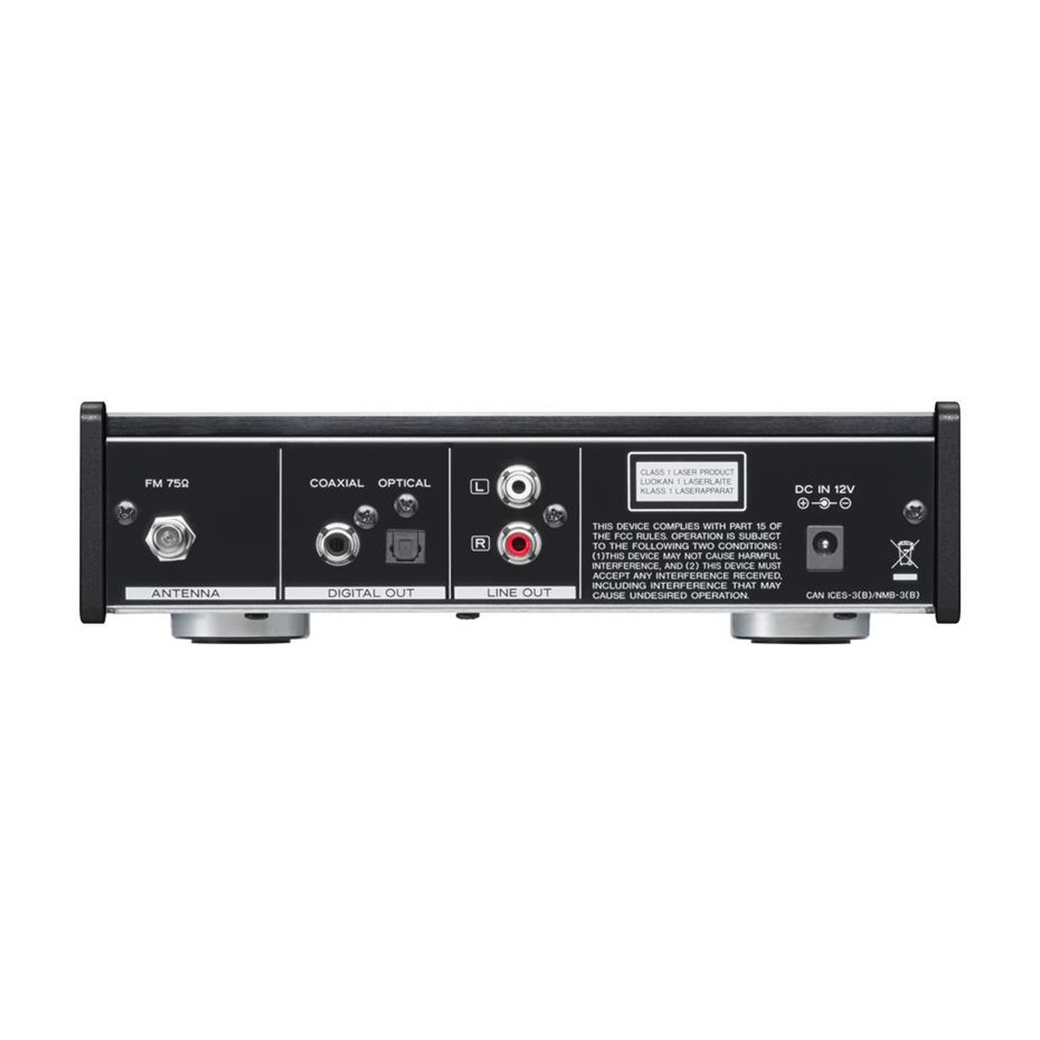 Pannello posteriore nero del dispositivo audio con varie porte di ingresso/uscita etichettate. Include antenna, uscita digitale, uscita linea e alimentazione CC.