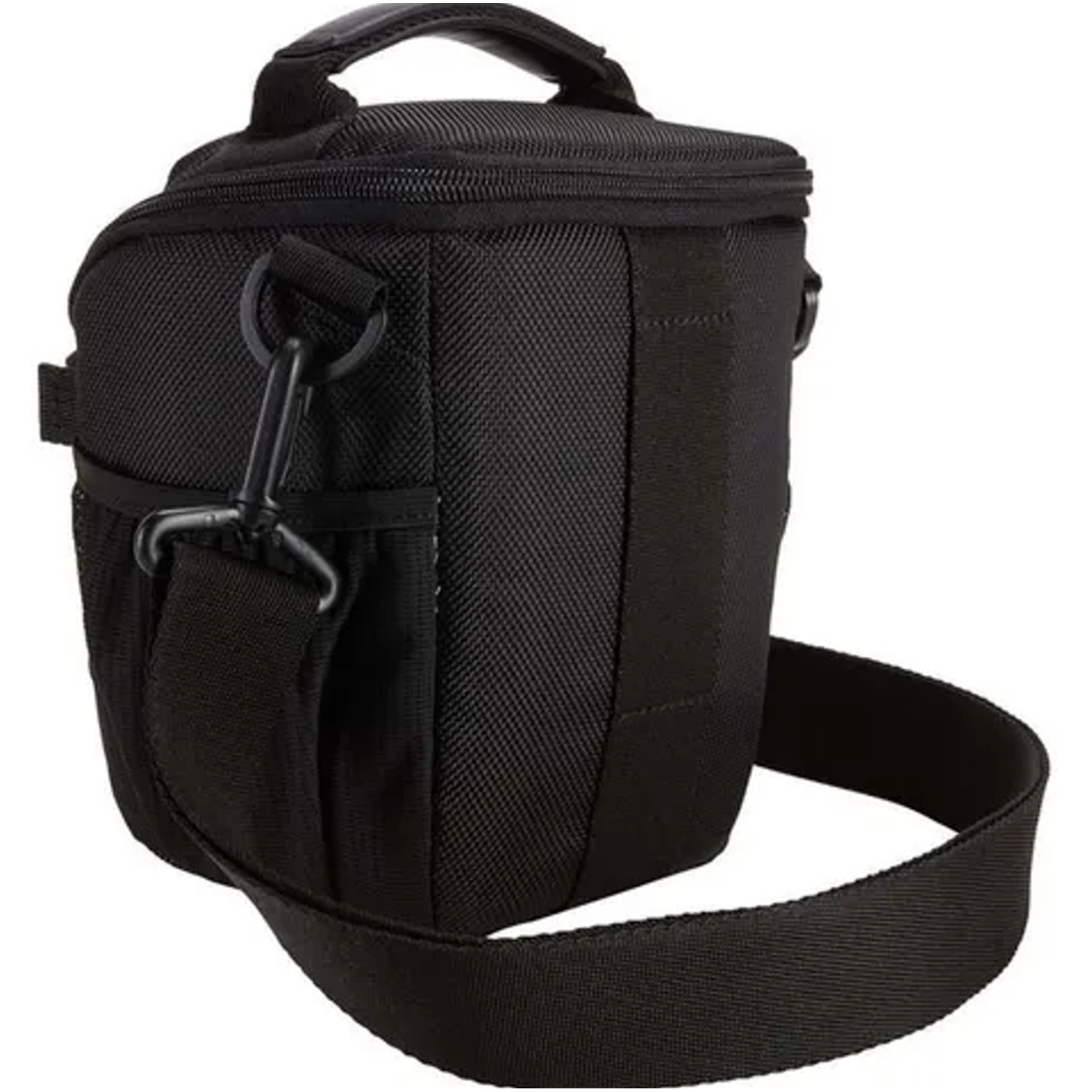 A black camera bag with a shoulder strap, handle, and zipper closure is shown against a white background.