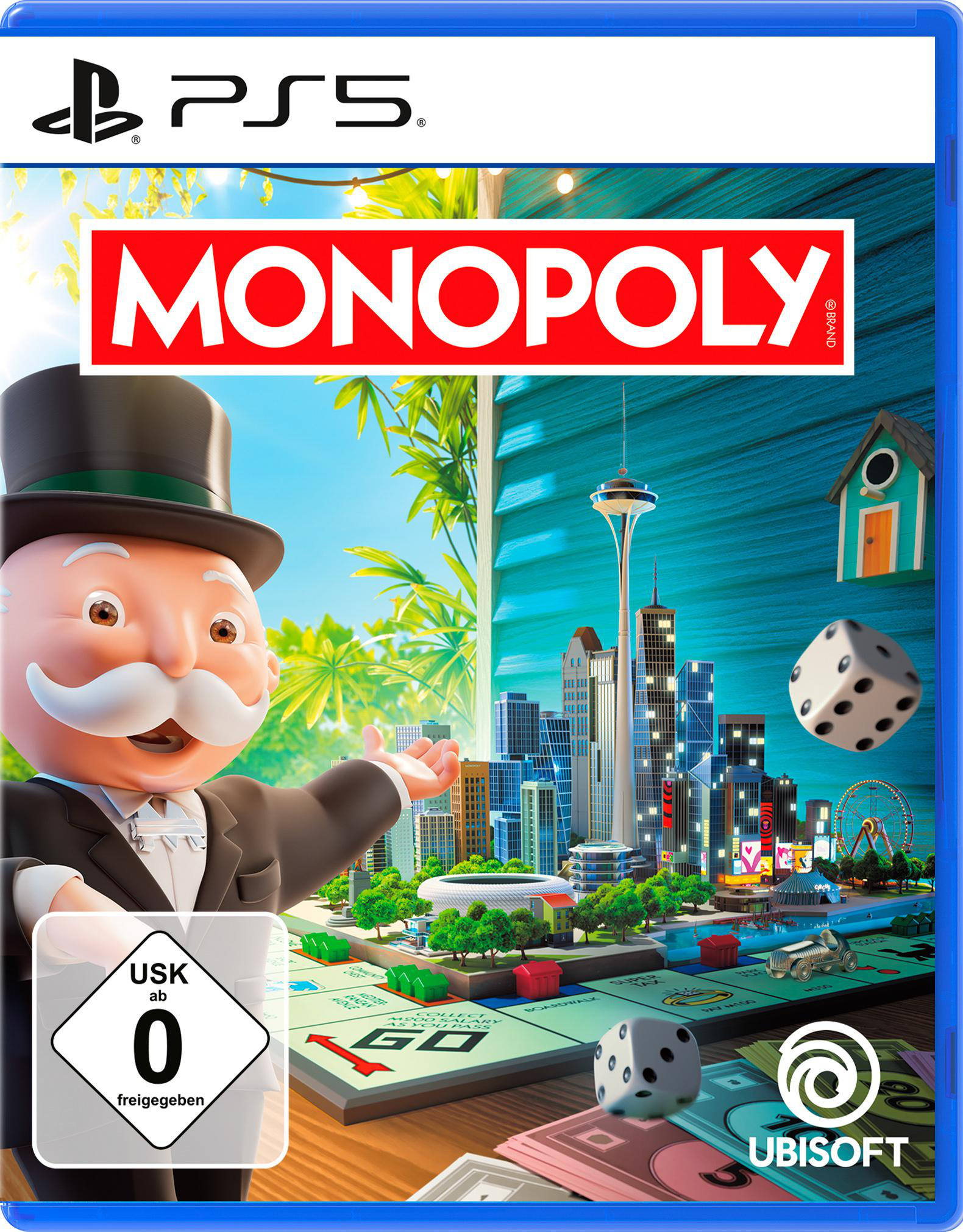Monopoly PS5-Spielcover. Mr. Monopoly zeigt auf eine Skyline, Würfel und ein Monopoly-Spielbrett. Der Himmel ist blau.