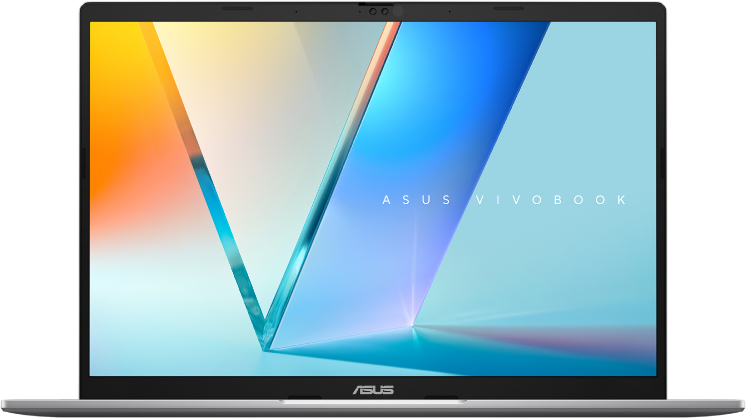 Laptop Asus Vivobook. Pantalla con diseño abstracto colorido. Bisel negro, base gris. Logotipo Asus abajo.