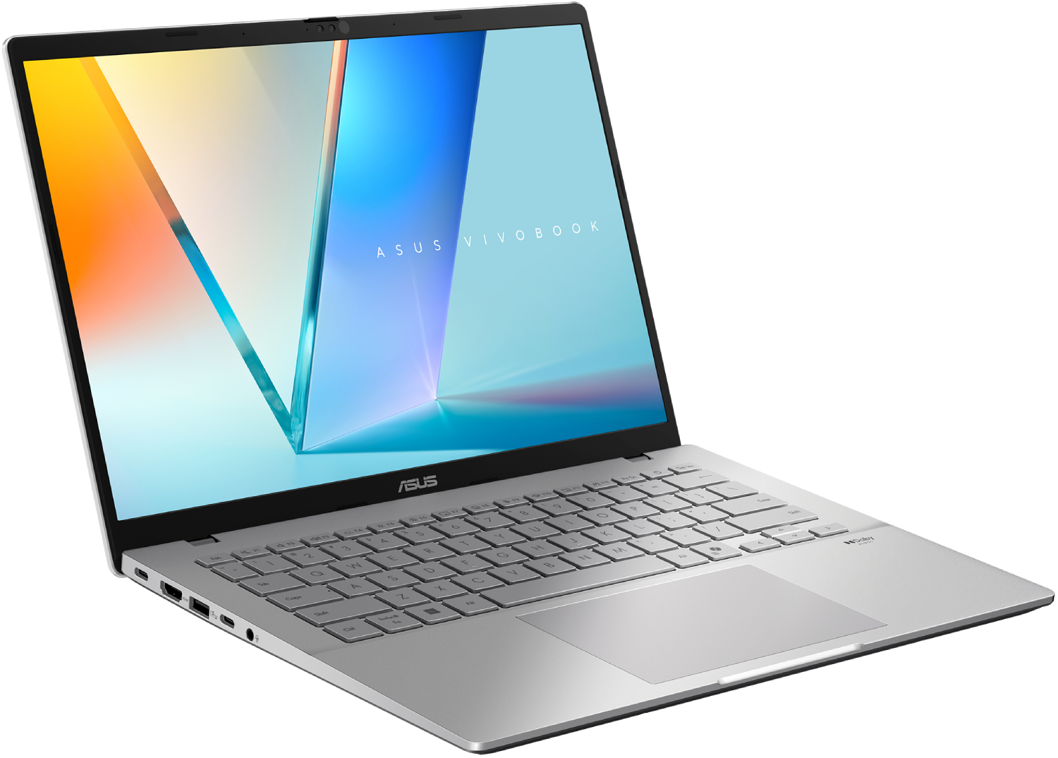 Portátil ASUS Vivobook plateado, abierto, vista en ángulo. Pantalla muestra imagen abstracta colorida. Teclado y panel táctil visibles.