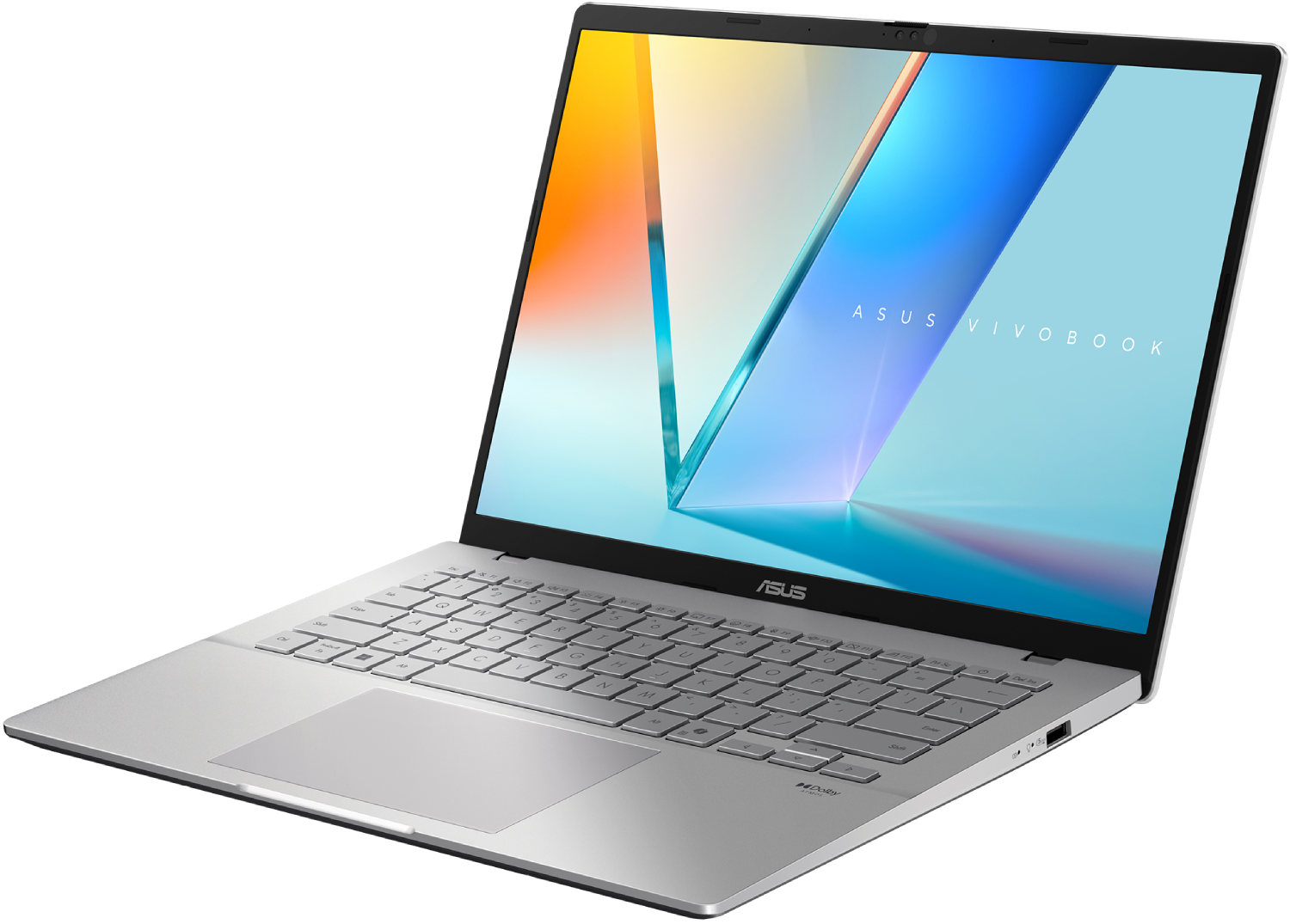 Una laptop Asus Vivobook plateada está abierta. La pantalla muestra una imagen abstracta colorida. Se ven el teclado y el panel táctil.