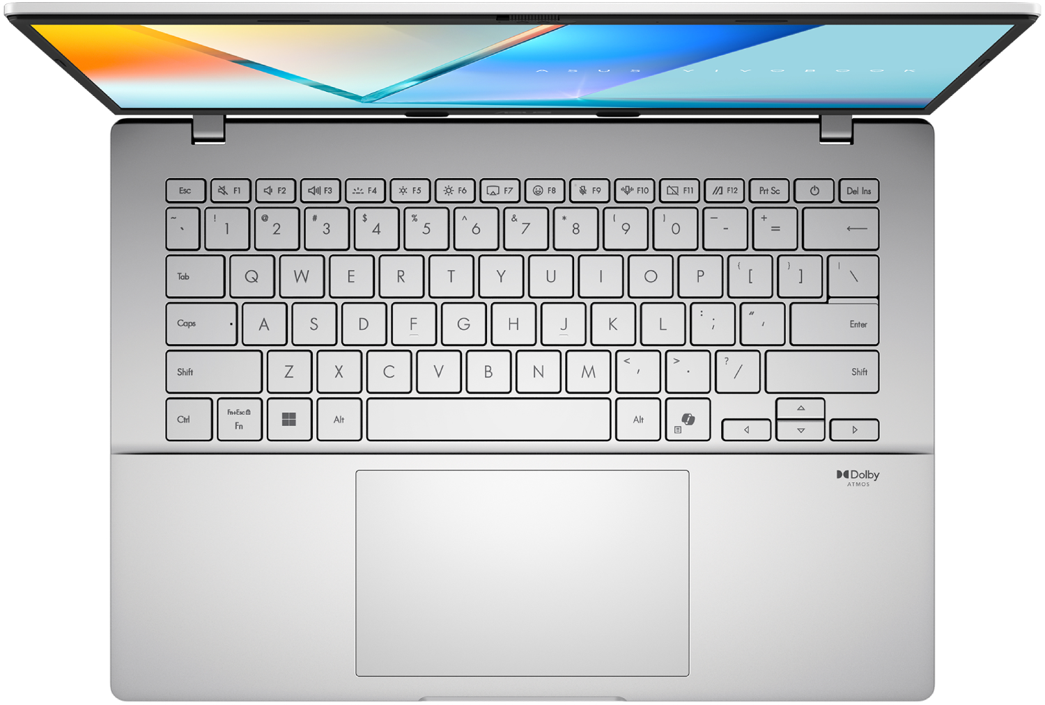 Vista superior de un portátil plateado con la pantalla abierta. Se ve el teclado con teclas y un panel táctil. La pantalla muestra una visualización colorida.