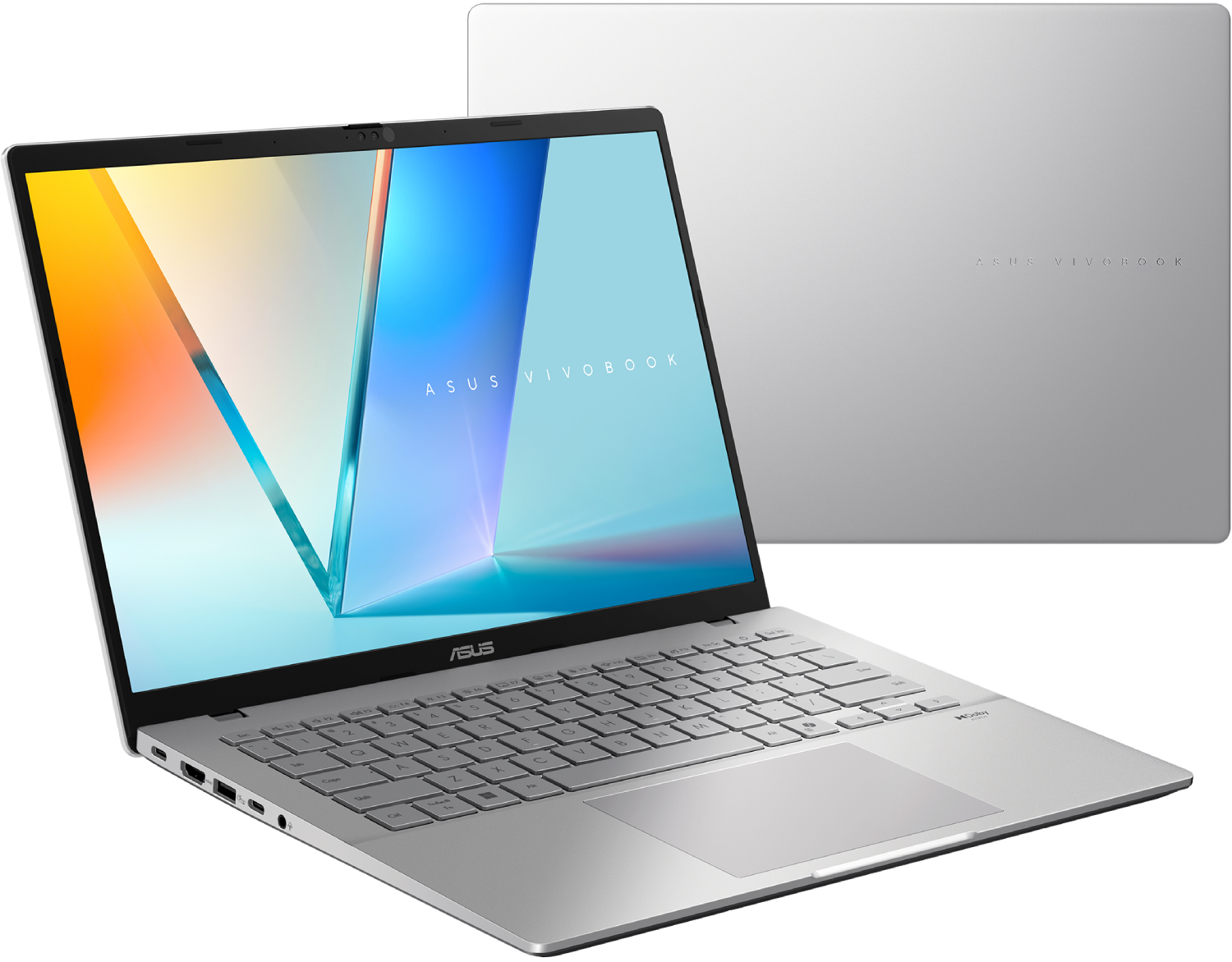 Portátil ASUS Vivobook plateado. Pantalla con diseño abstracto colorido. Teclado y panel táctil visibles. Tapa del portátil abierta.