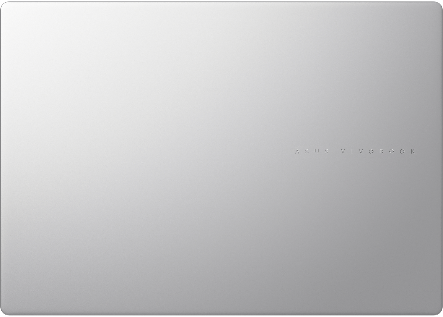 Una tapa de portátil plateada. El logotipo de ASUS Vivobook está grabado abajo a la derecha.