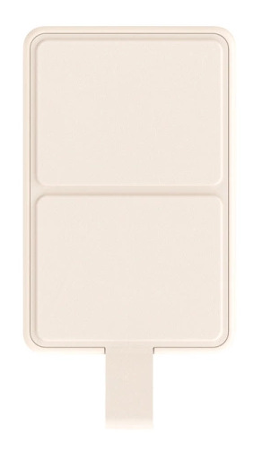 Prostokątne, kremowe urządzenie. Ma dwa ułożone na sobie prostokąty u góry, wąską nóżkę na dole i zaokrągloną ramkę.