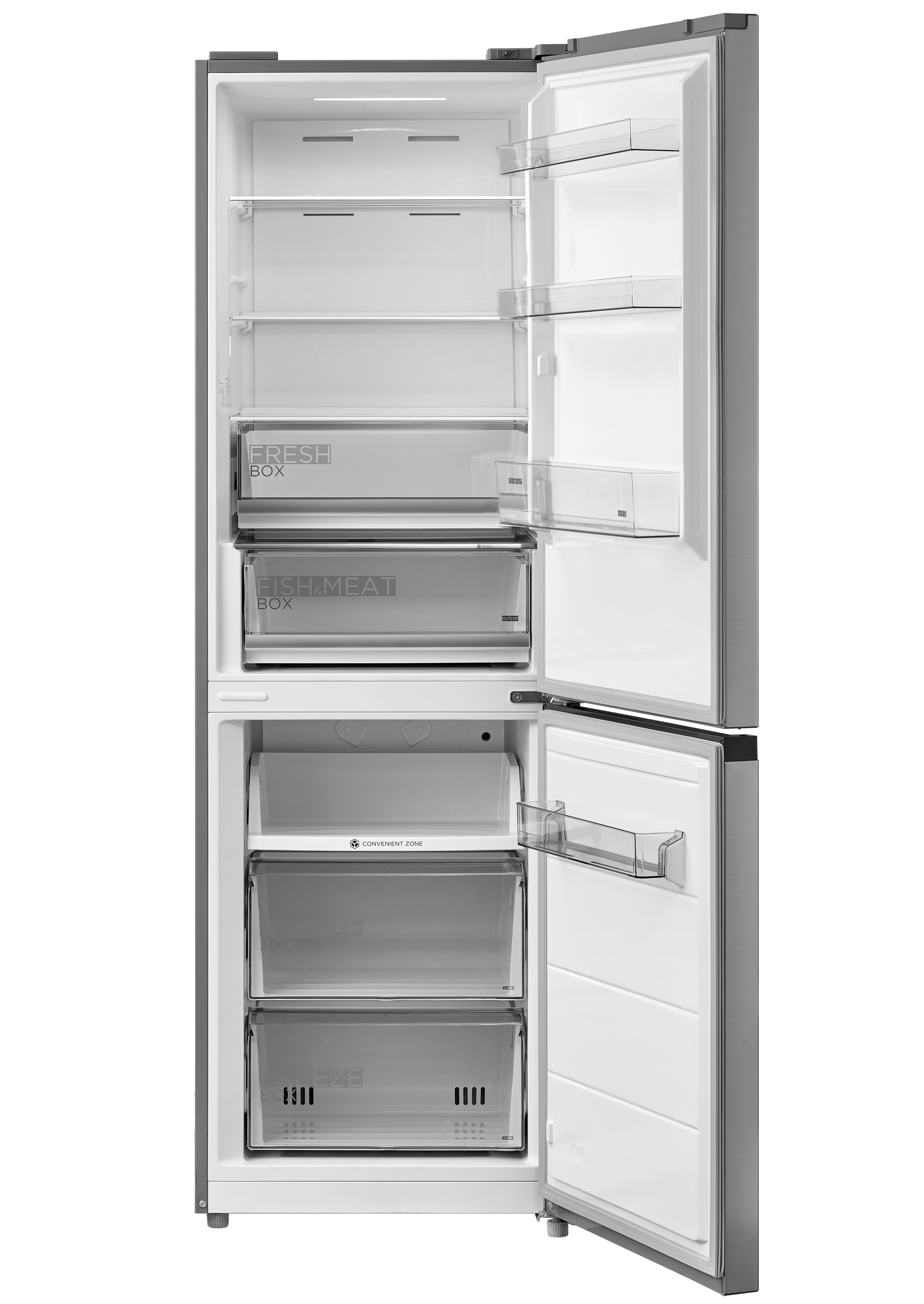 Ein Kühlschrank aus Edelstahl mit offener Tür. Im Inneren befinden sich Regale und Schubladen mit der Aufschrift "Fresh Box".