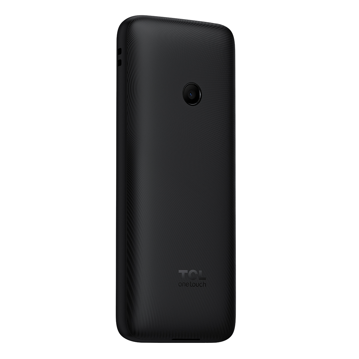 Vista trasera de un smartphone negro con parte trasera texturizada. Cuenta con una cámara y el logo TCL one touch. El fondo es blanco.