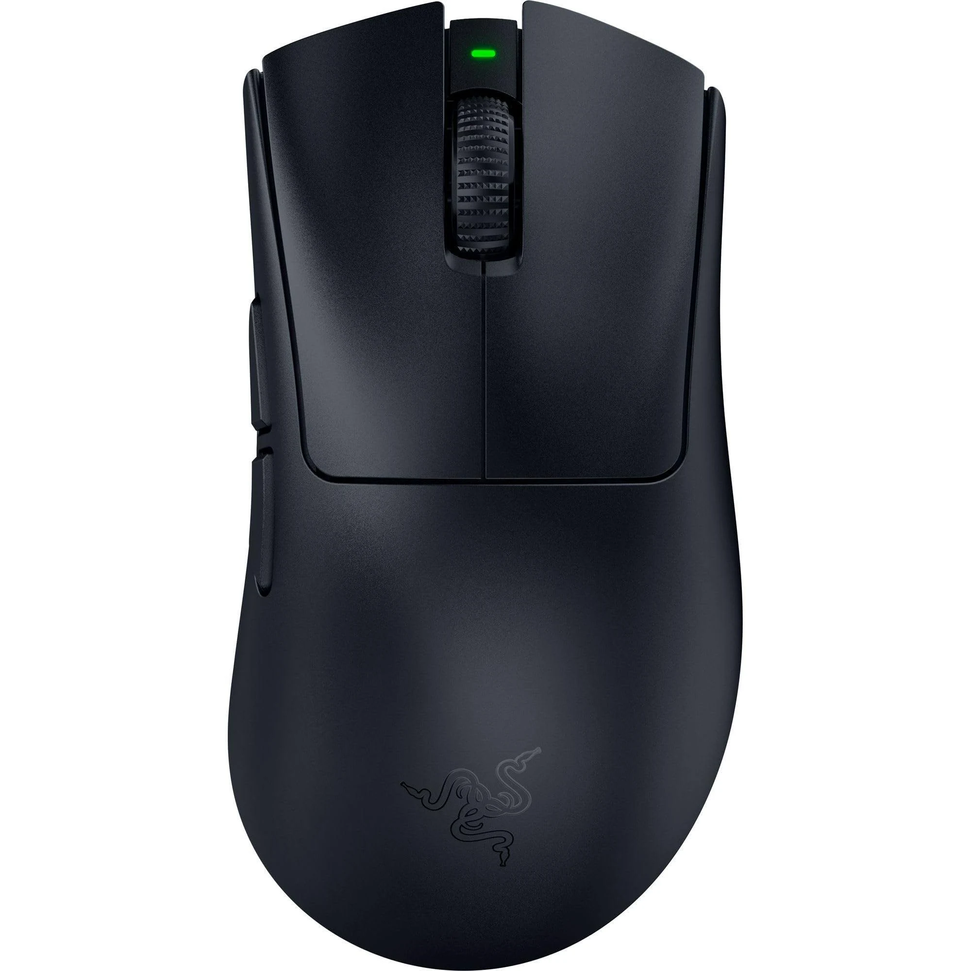 Ratón gaming Razer negro. Tiene una rueda de desplazamiento, dos botones laterales y una luz indicadora verde. El logo de Razer es visible.
