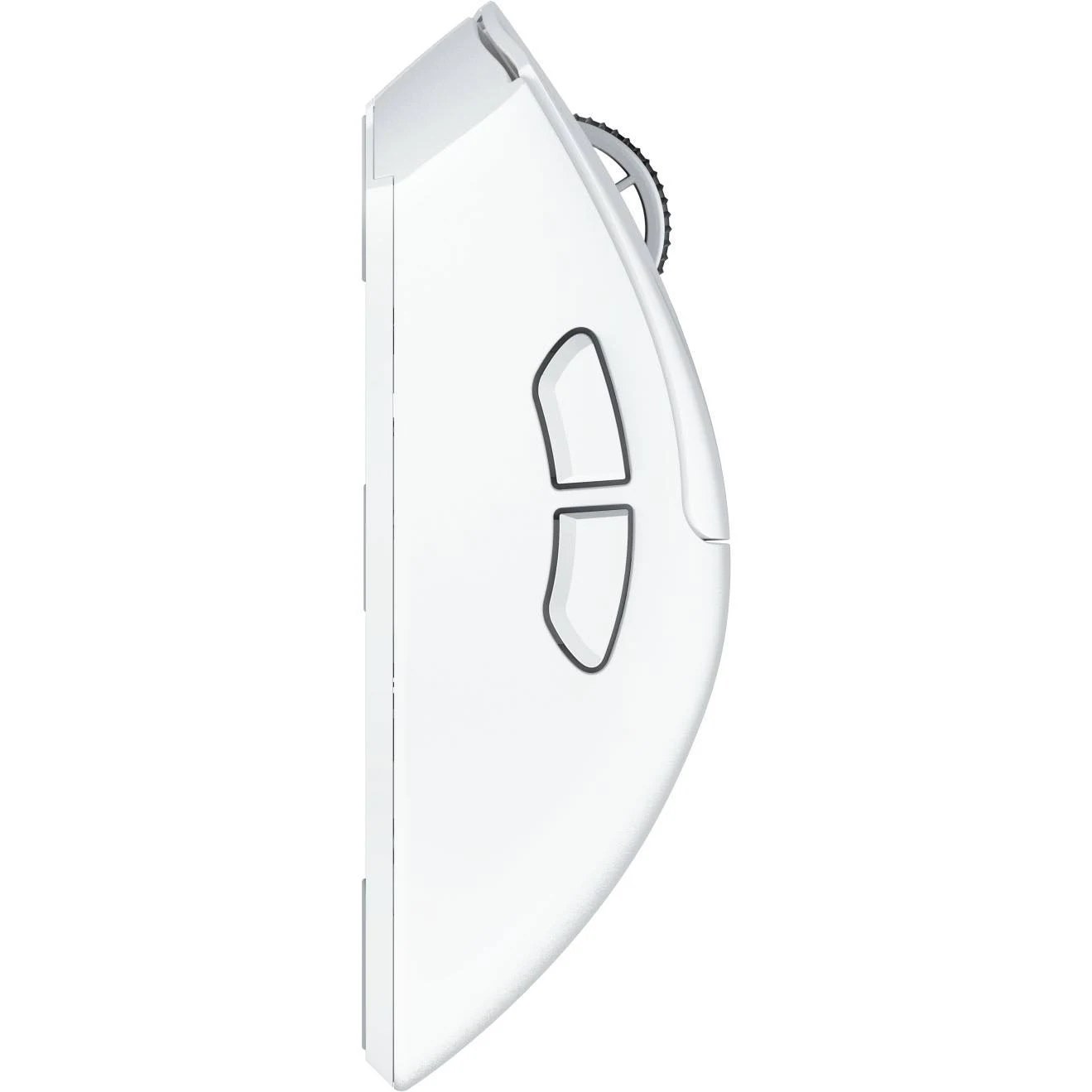 Un ratón de ordenador blanco, vista lateral. Tiene dos botones laterales, una rueda de desplazamiento y un diseño sencillo. El fondo es blanco.