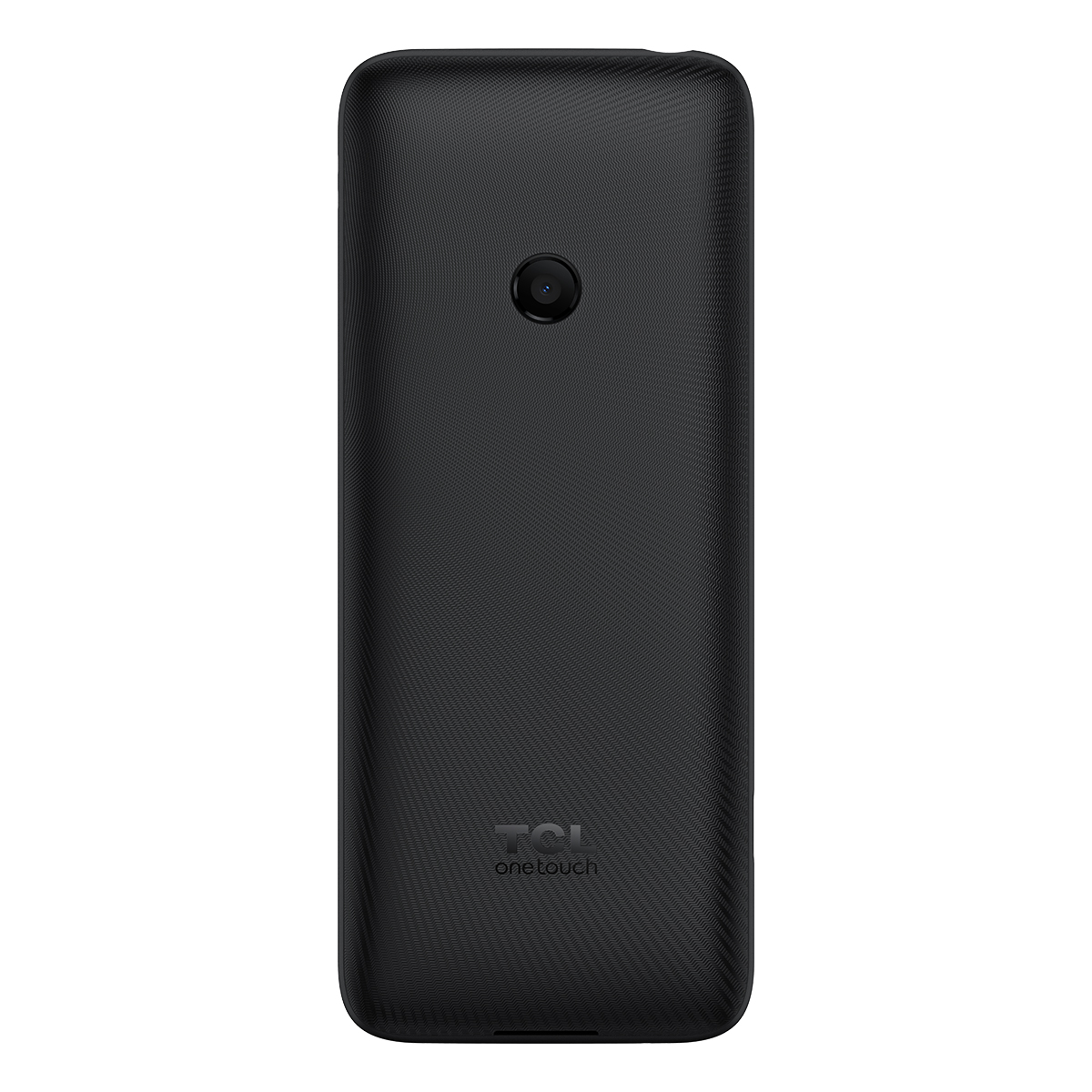 Parte trasera negra del teléfono TCL. Cuenta con cámara, superficie texturizada y marca TCL one touch.