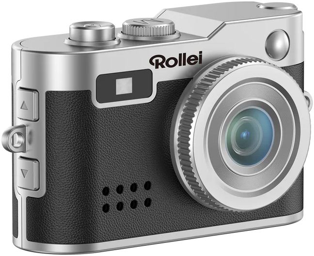 Eine Rollei-Kamera mit silbernem Oberteil und Objektiv, schwarzem strukturierten Gehäuse, silbernen Knöpfen und einem prominenten Objektiv.