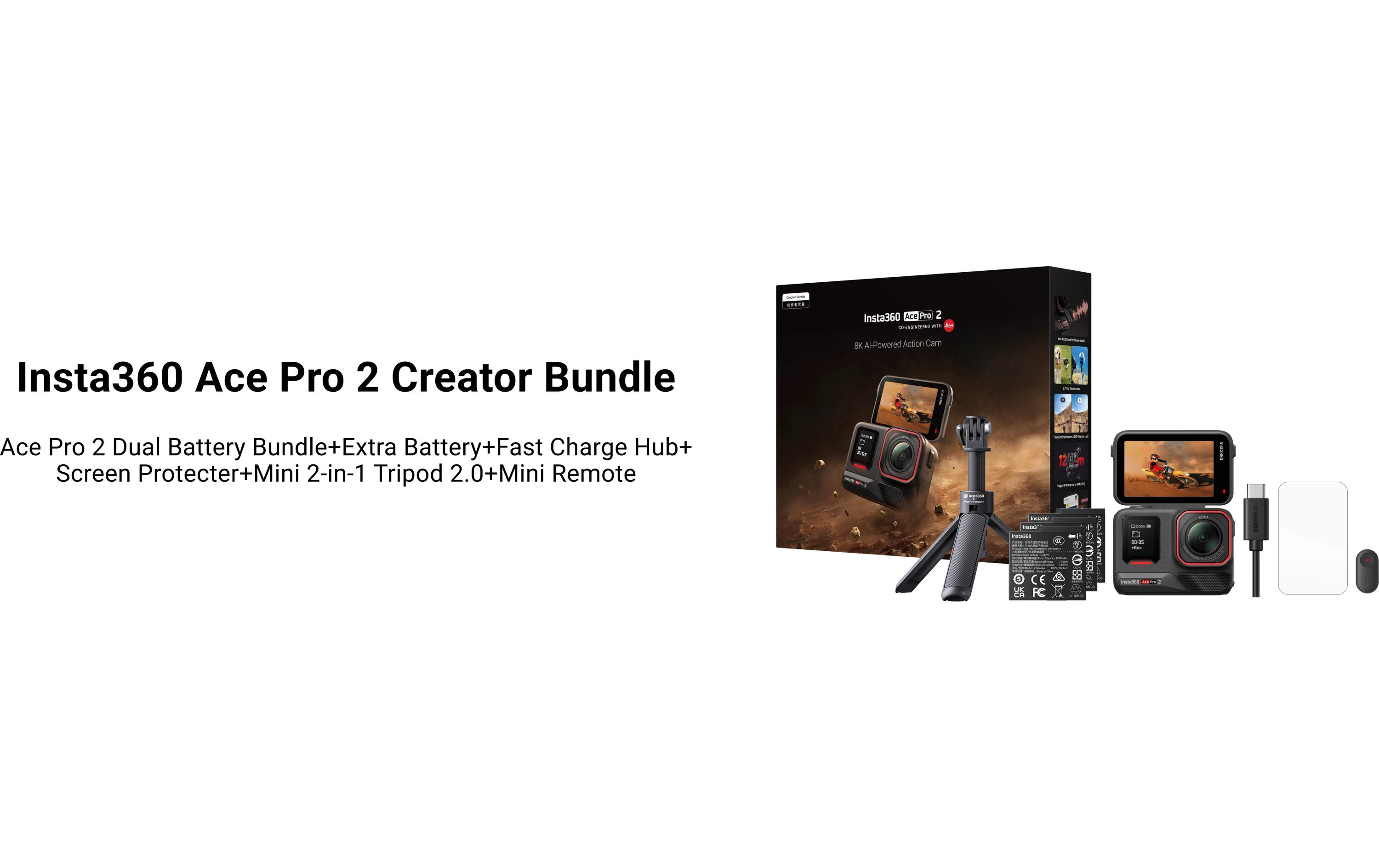 Insta360 Ace Pro 2 Creator Bundle. Enthält Kamera, Stativ, Akkus, Schnellladegerät, Displayschutz und Fernbedienung.