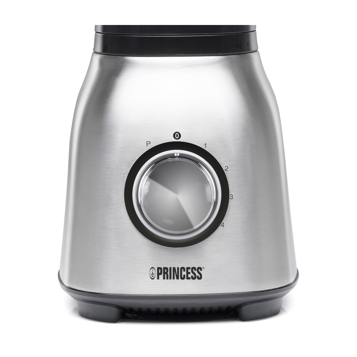 Un frullatore in acciaio inossidabile con base, parte superiore e quadrante neri. Il quadrante ha numeri e un logo 'Princess' sotto.