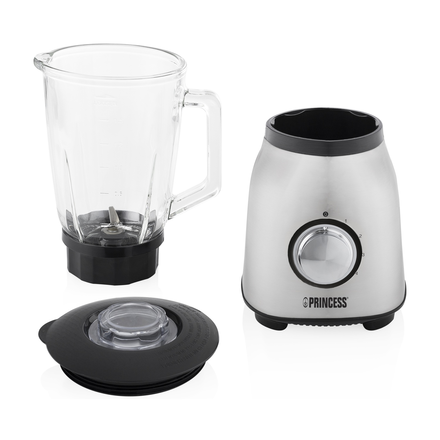 Un frullatore smontato con caraffa di vetro, coperchio nero e base argentata con quadrante di controllo. Il barattolo ha misure.