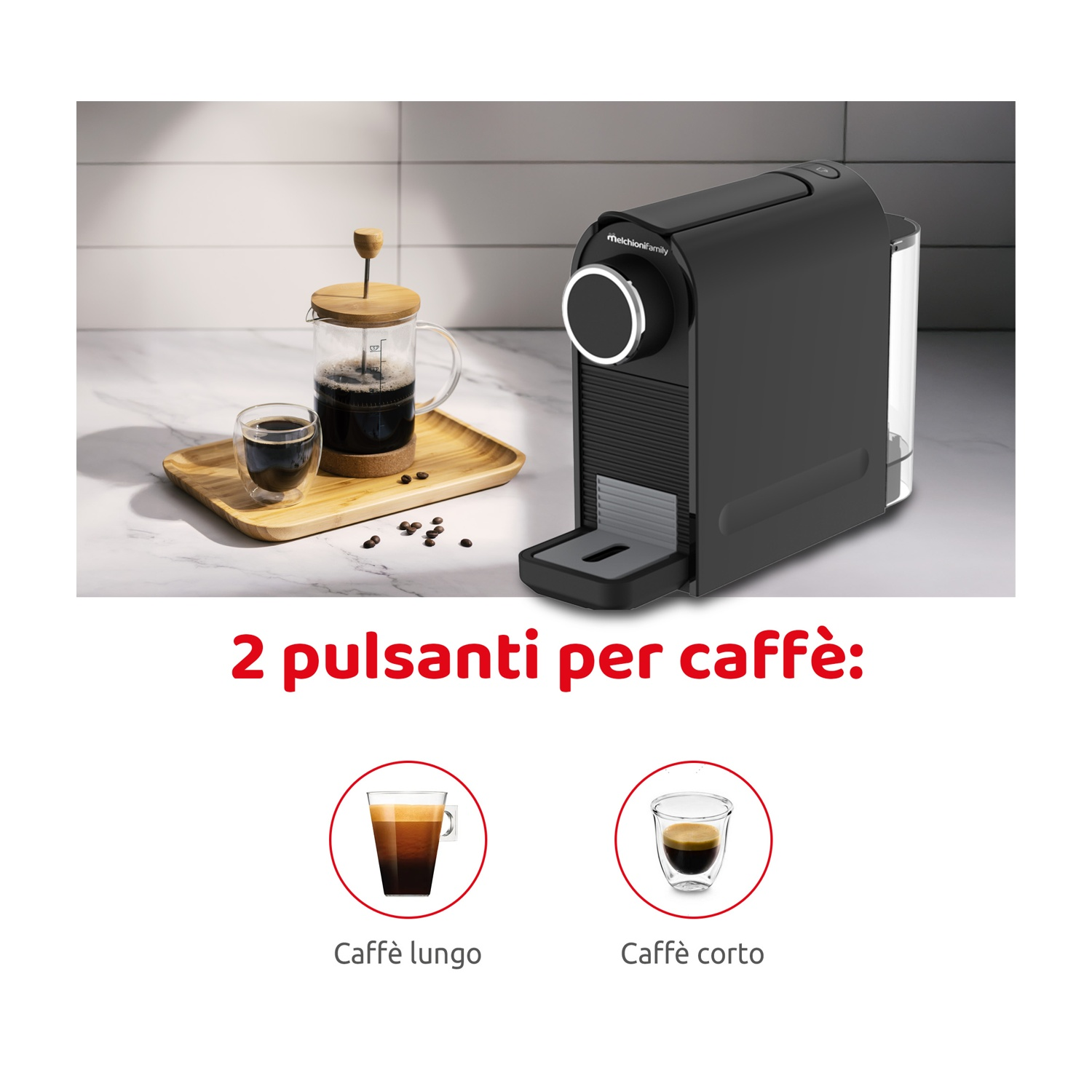 Una macchina per caffè espresso con una pressa francese, un vassoio di legno e due tipi di caffè: lungo e corto.