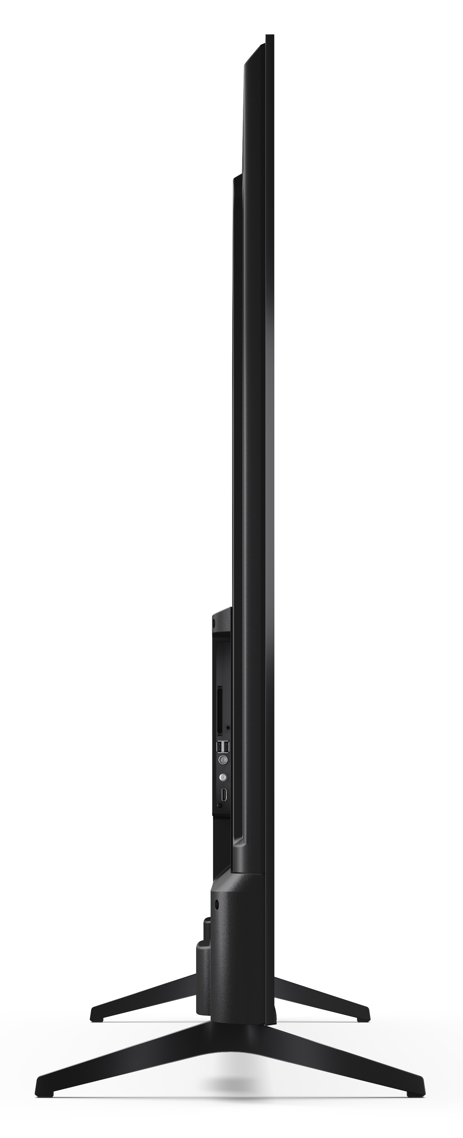 Widok z boku czarnego telewizora z płaskim ekranem na białym tle. Ma stojak z dwiema nogami. Widoczne porty z boku.