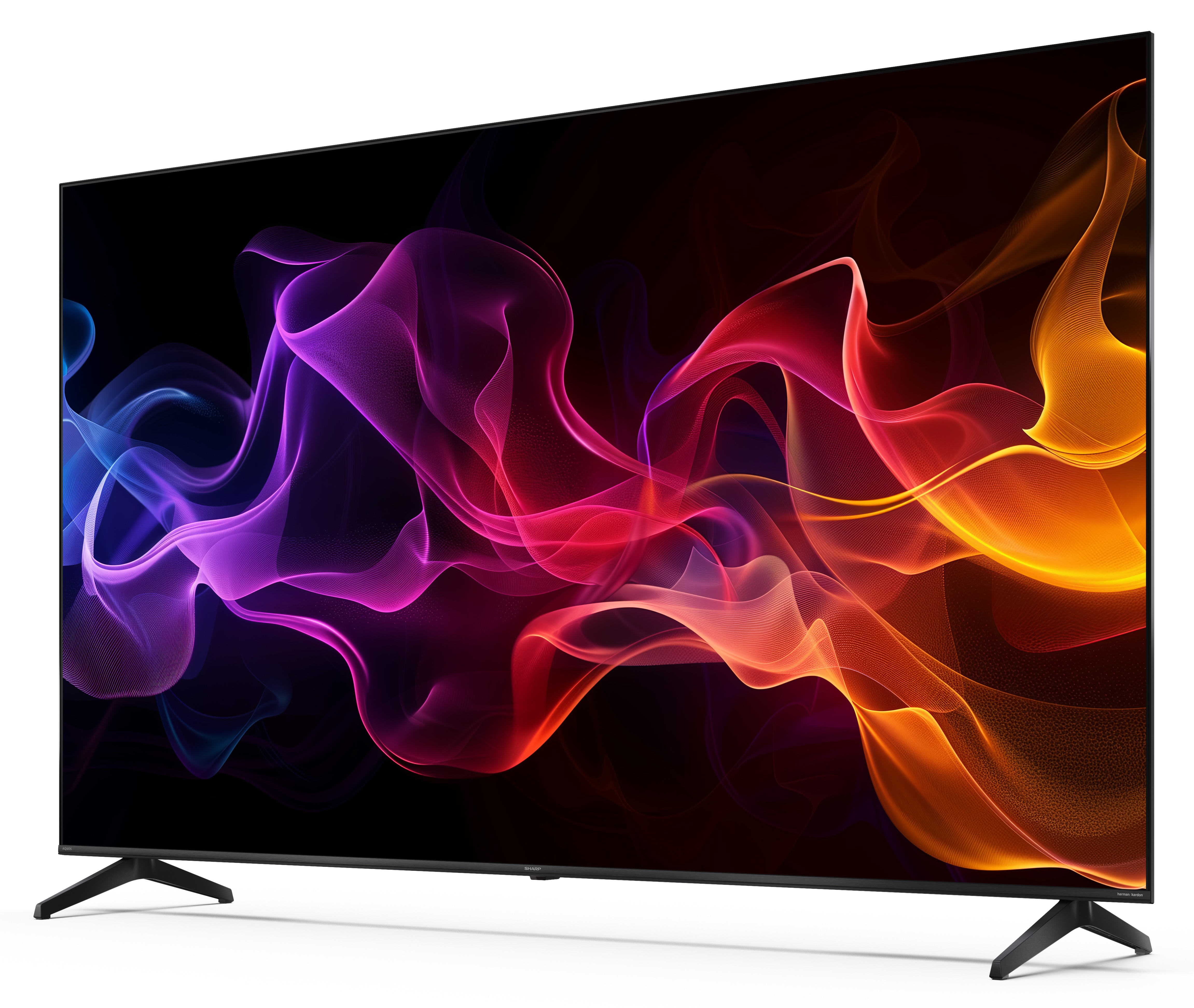 Duży telewizor wyświetla kolorowe, abstrakcyjne, płynące linie w kolorach fioletowym, czerwonym i pomarańczowym na czarnym tle.