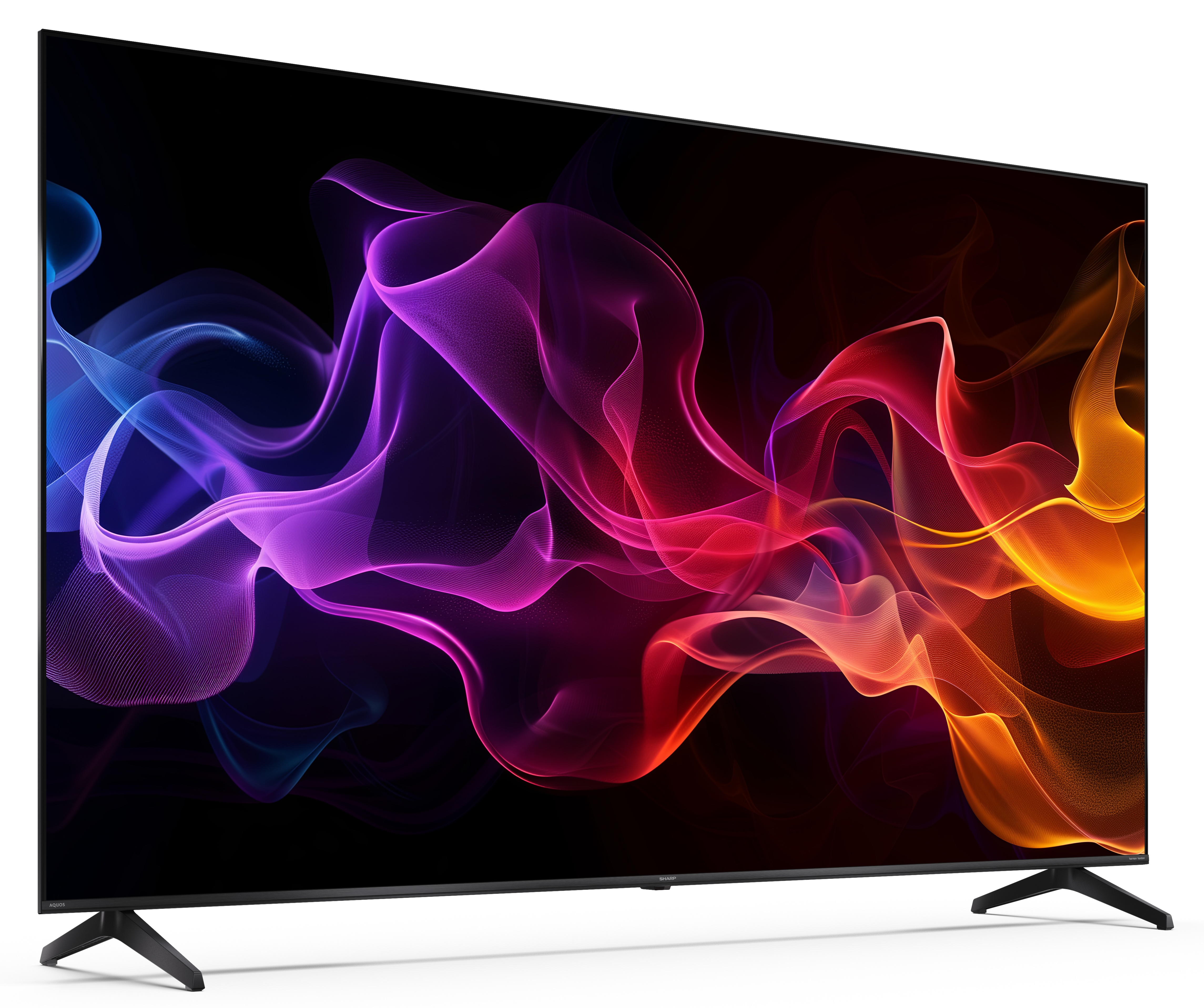 Duży telewizor wyświetla kolorowe, abstrakcyjne, płynące kształty. Telewizor ma czarną podstawę i ramę.