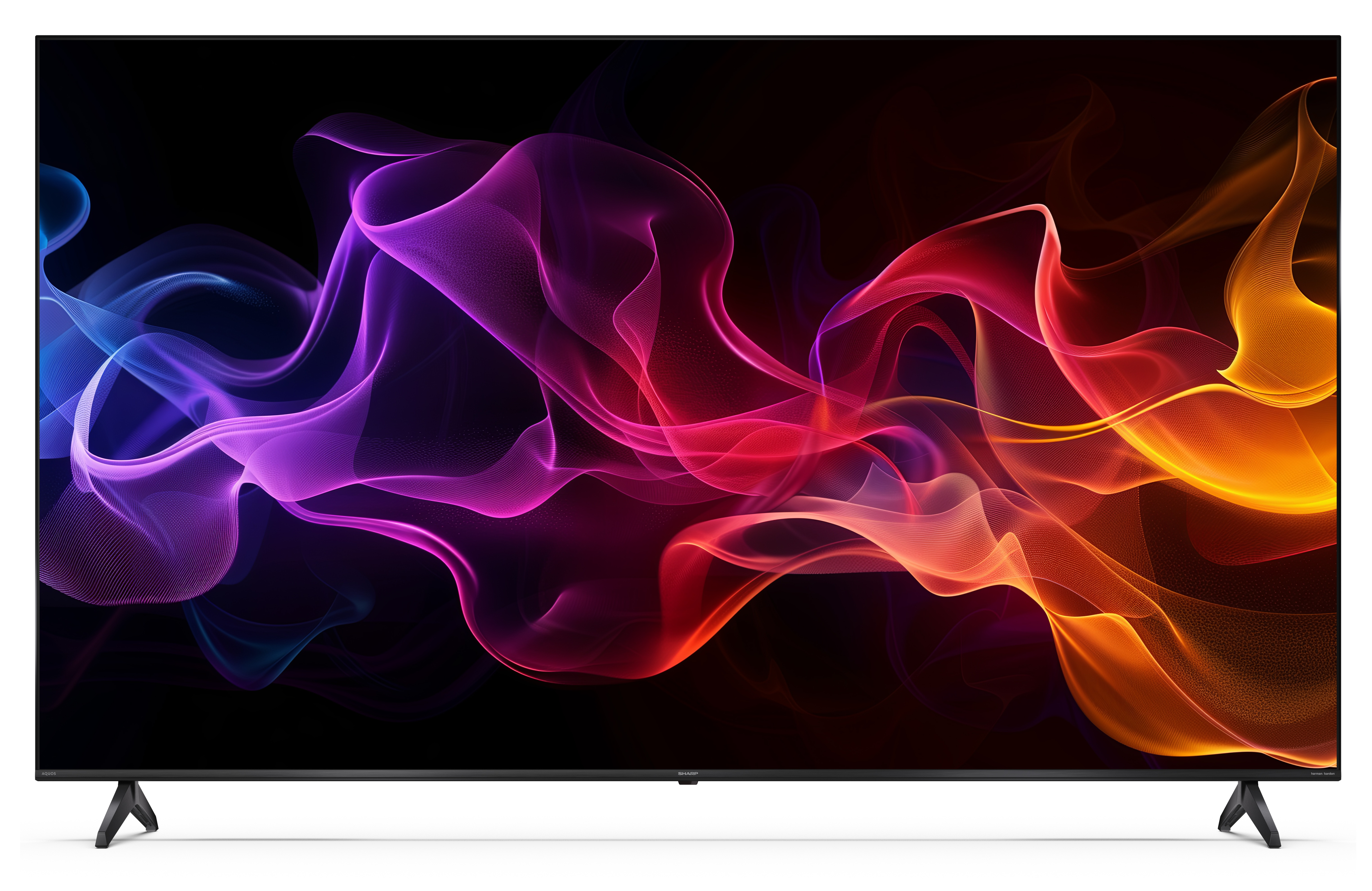 Duży ekran telewizora wyświetlający kolorowy, abstrakcyjny wzór z falami fioletu, czerwieni i pomarańczy na czarnym tle.