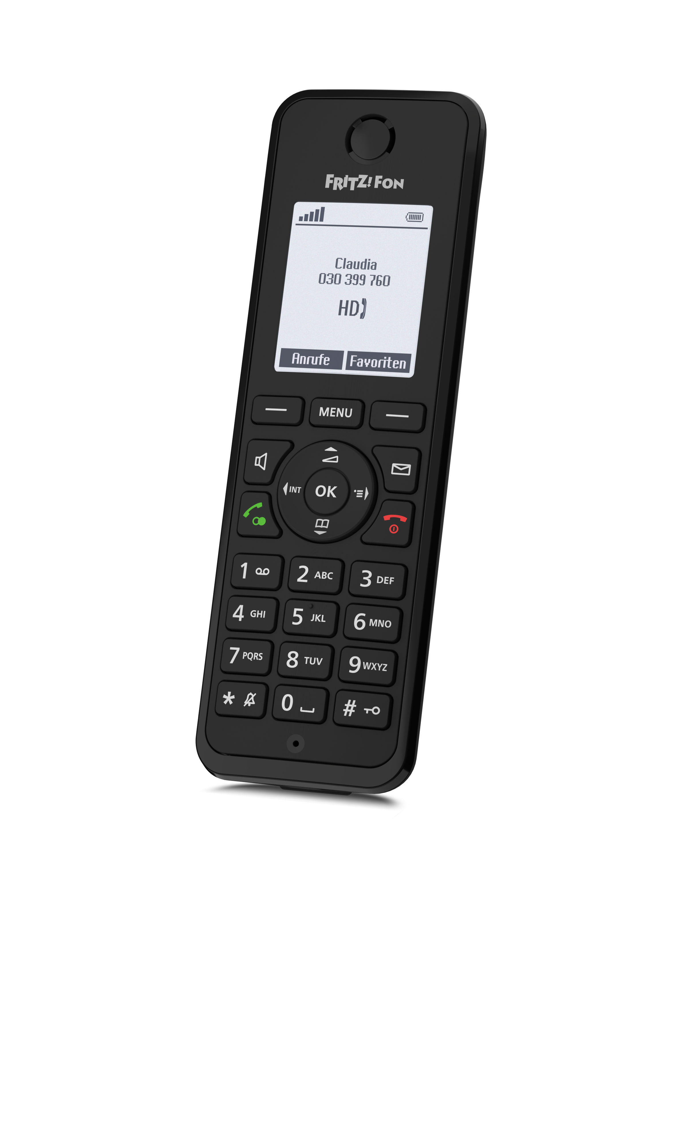 Ein schwarzes schnurloses Telefon zeigt einen Anruf von Claudia. Es hat einen Bildschirm, Zifferntasten und Funktionstasten.