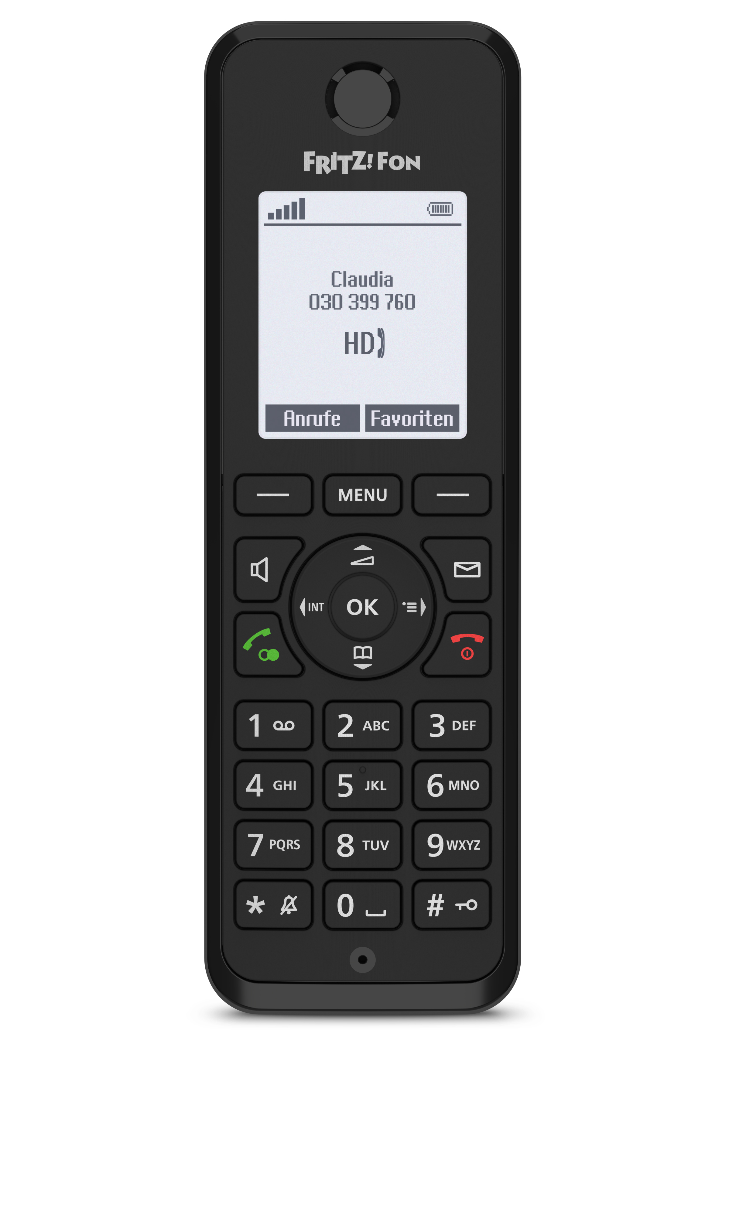 Schwarzes FRITZ!Fon-Telefon mit Bildschirm, der einen Kontaktnamen und eine Nummer anzeigt. Tasten sichtbar.