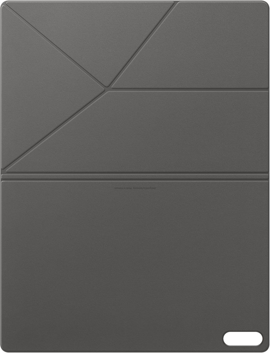 Une housse de tablette grise avec un design géométrique. Elle a une surface segmentée avec une découpe pour la caméra et l'inscription 'Designed by Samsung'.