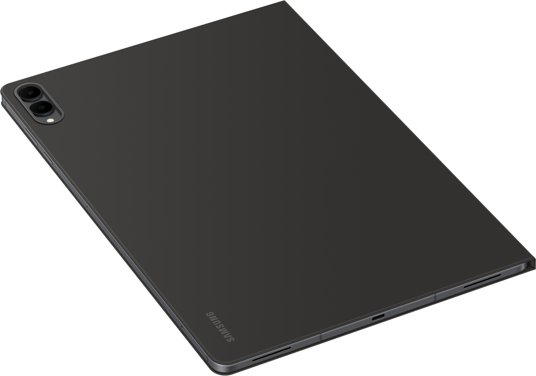 Tablette Samsung gris foncé, vue en angle. Doubles caméras en haut à gauche. Logo Samsung en bas. Fond noir.