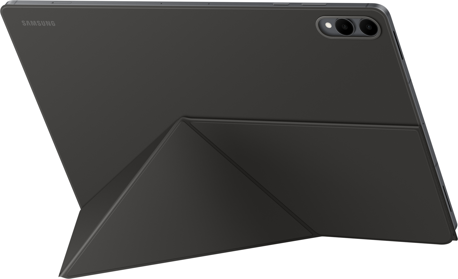 Une tablette Samsung noire avec une housse pliable. La tablette a une configuration à double caméra et le logo Samsung. La housse est inclinée.