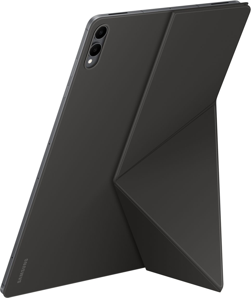 Une tablette Samsung noire avec une housse pliée. Elle est soutenue pour tenir debout. La tablette possède un appareil photo à double objectif.