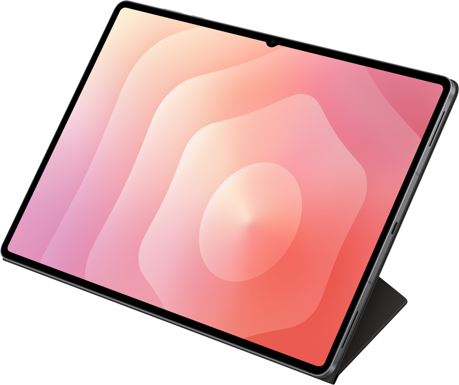 Une tablette avec un écran abstrait coloré est posée sur un support noir, sur fond noir.