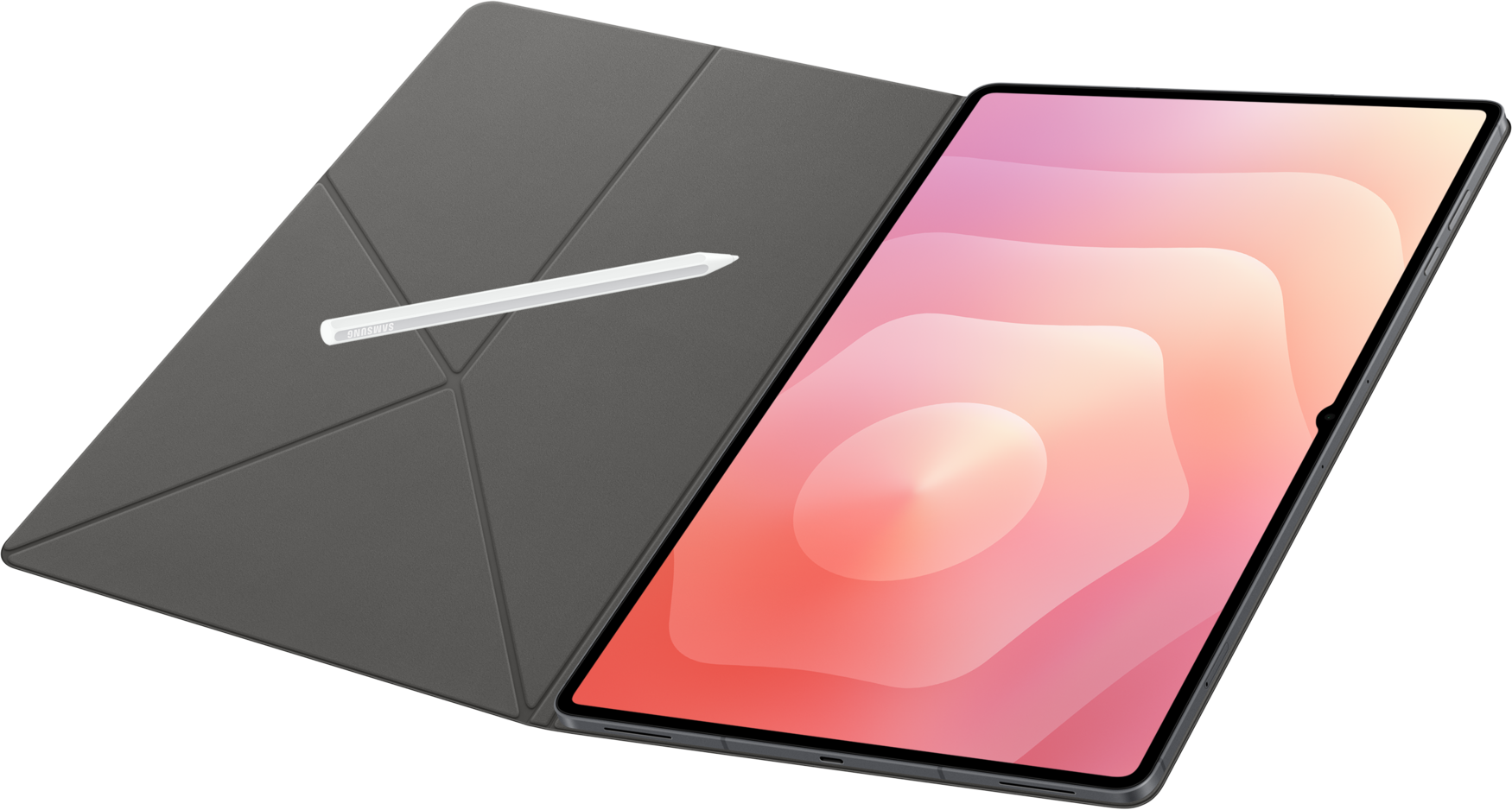 Tablette avec stylet. Étui gris ouvert, affichant un écran rose. Stylet posé sur l'étui. Fond noir.