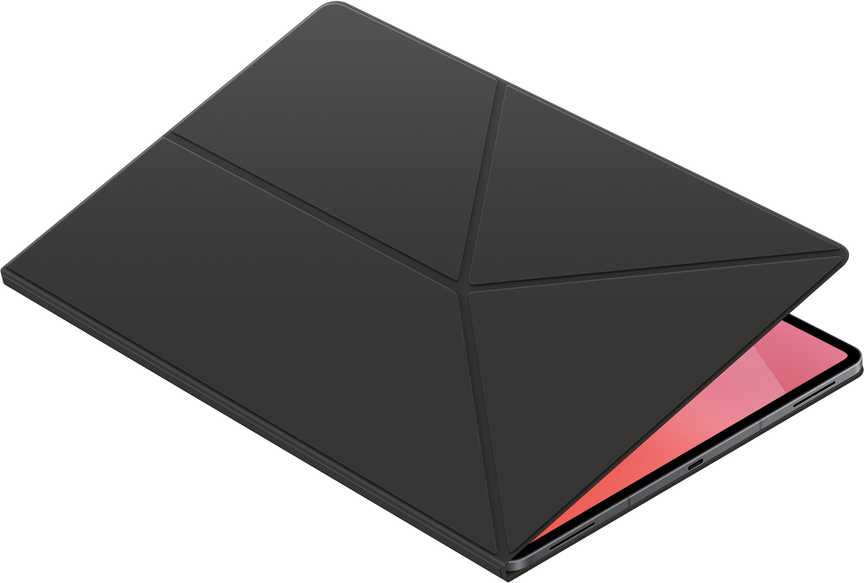 Une housse de tablette noire partiellement ouverte, révélant l'écran rose de la tablette sur fond noir.