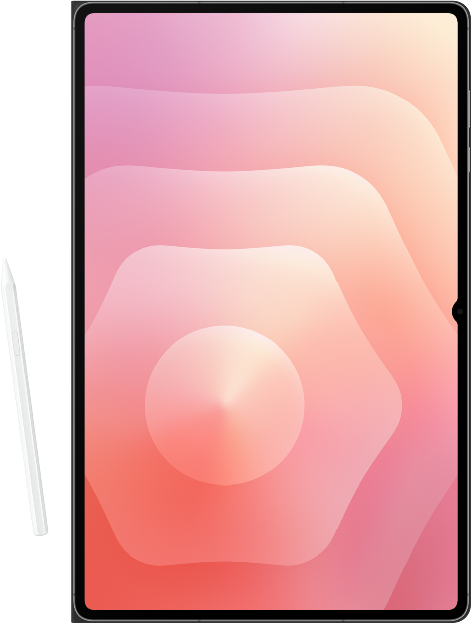 Une tablette avec un fond dégradé rose et orange. Un stylet blanc est à gauche. La tablette a un cadre noir.